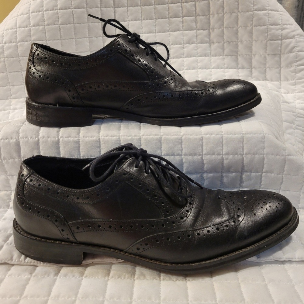 Johnston & Murphy Mens 9.5M Black Leather Wingtip Oxford Brogue Dress Shoes Nice